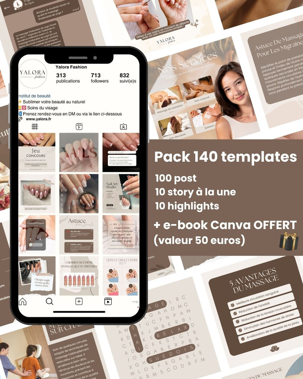 Pack Instagram Onglerie + Soin du Visage + Massage - Posts, Stories & Covers